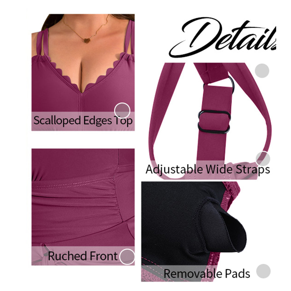 Charmo Women's Plus Size One Piece Swim Dress Tummy Control Swimsuit with Scalloped Neck & Flowy Skirt