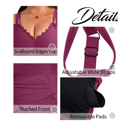 Charmo Women's Plus Size One Piece Swim Dress Tummy Control Swimsuit with Scalloped Neck & Flowy Skirt