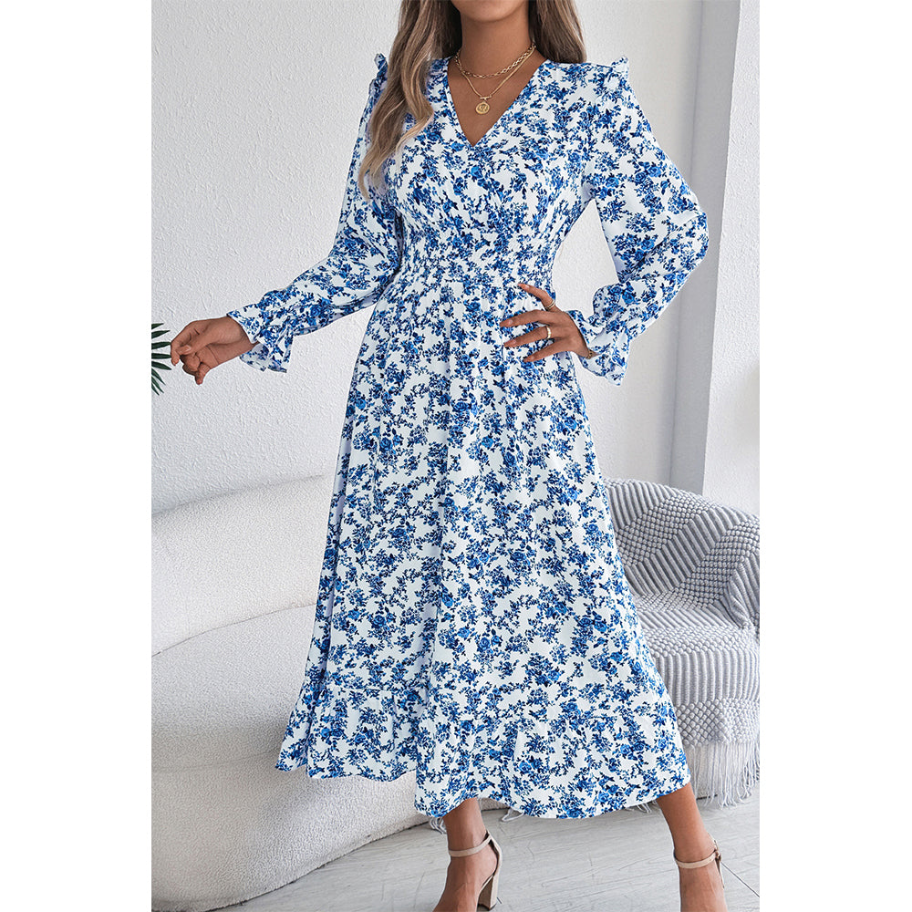 Attraco Women Surplice V Neck Smocked Long Sleeve Tiered Midi Ditsy Floral Dress