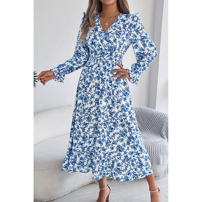 Attraco Women Surplice V Neck Smocked Long Sleeve Tiered Midi Ditsy Floral Dress