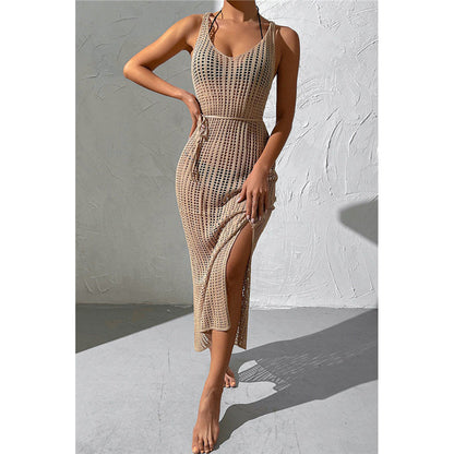 Charmo Women's Crochet Sleeveless Backless Maxi Cover Up Dress with Waist Drawstring & Side Slit