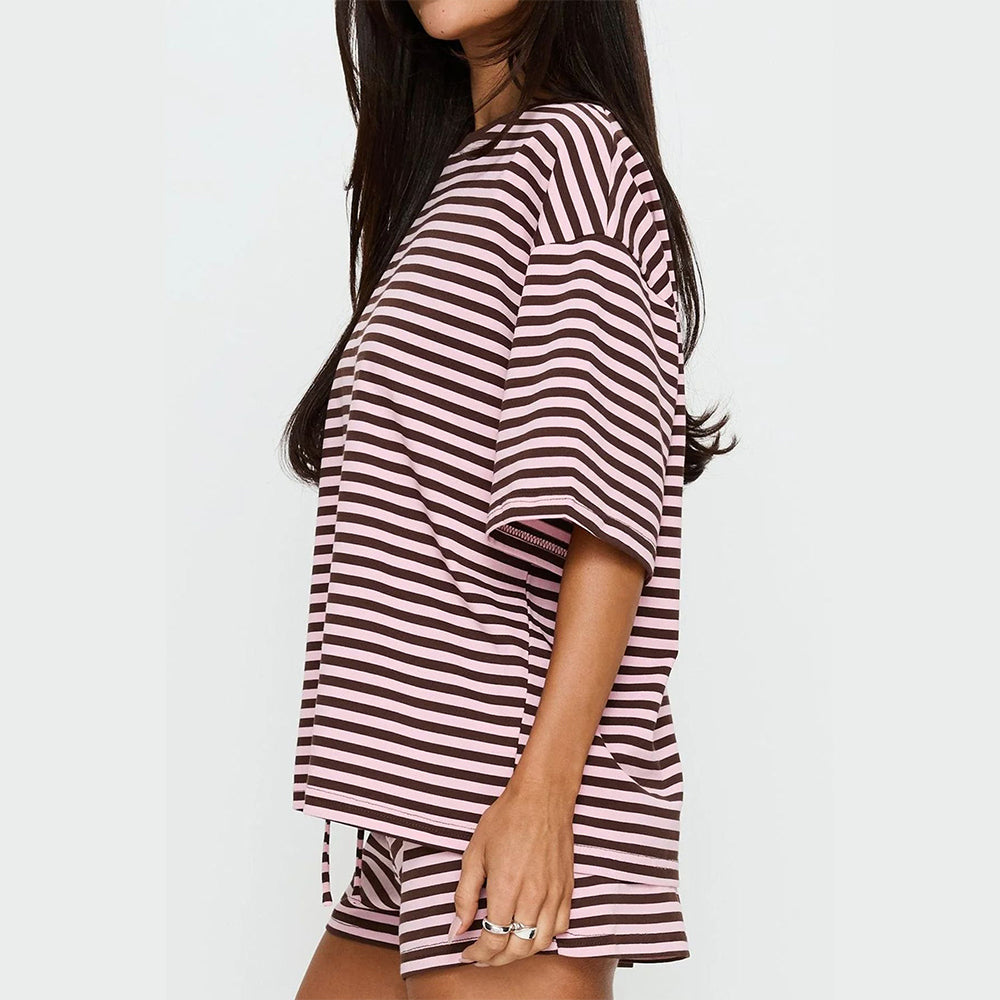 Attraco Women Striped Oversized Crew Neck Short Sleeve 2 Piece Pajama Loungewear Short Set