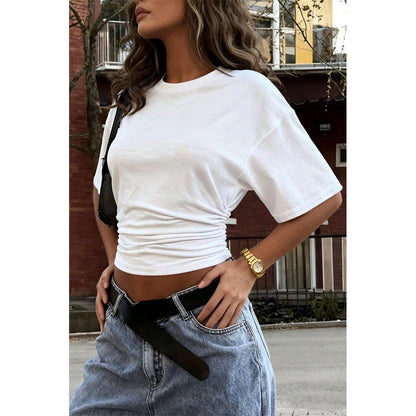 Attraco Women's Crew Neck Short Sleeve Side Ruched Cropped Casual T-Shirt Casual Summer Tops