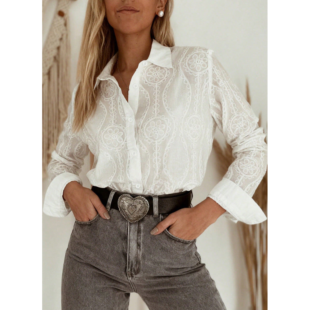 Attraco Women's Floral Embroidered Long Sleeve Button Down Blouse Collared Shirt