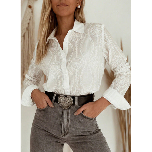 Attraco Women's Floral Embroidered Long Sleeve Button Down Blouse Collared Shirt