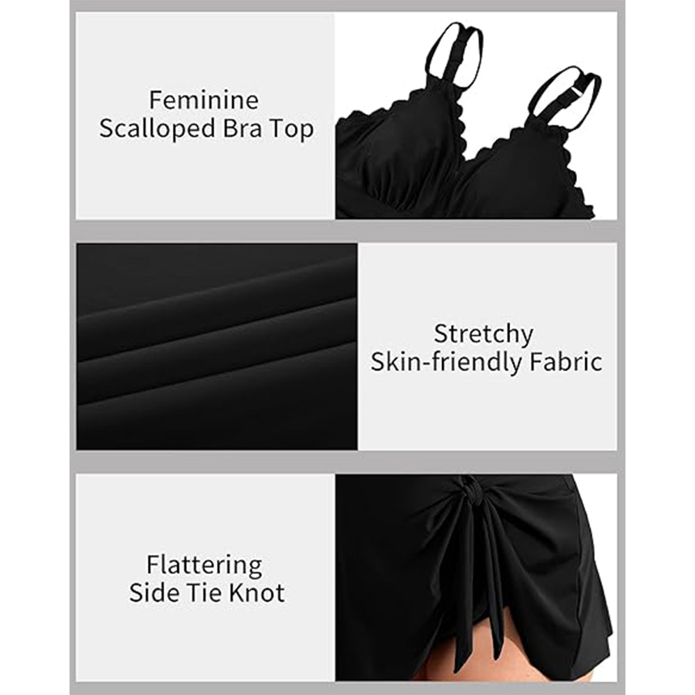 Charmo Women's Plus Size One Piece Swim Dress Tummy Control Swimsuit with Scalloped Neck & Flowy Skirt