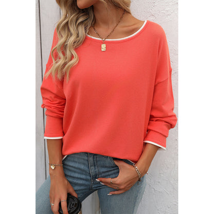 V For City Women's Contrast Trim Long Sleeve Crewneck Sweater Pollover Tops