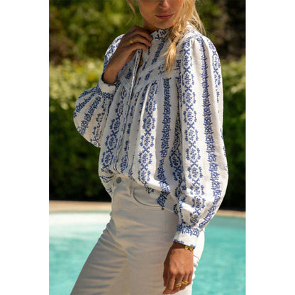 Attraco Women's Floral Embroidered Long Sleeve Button Down Blouse Mandarin Collar Shirt