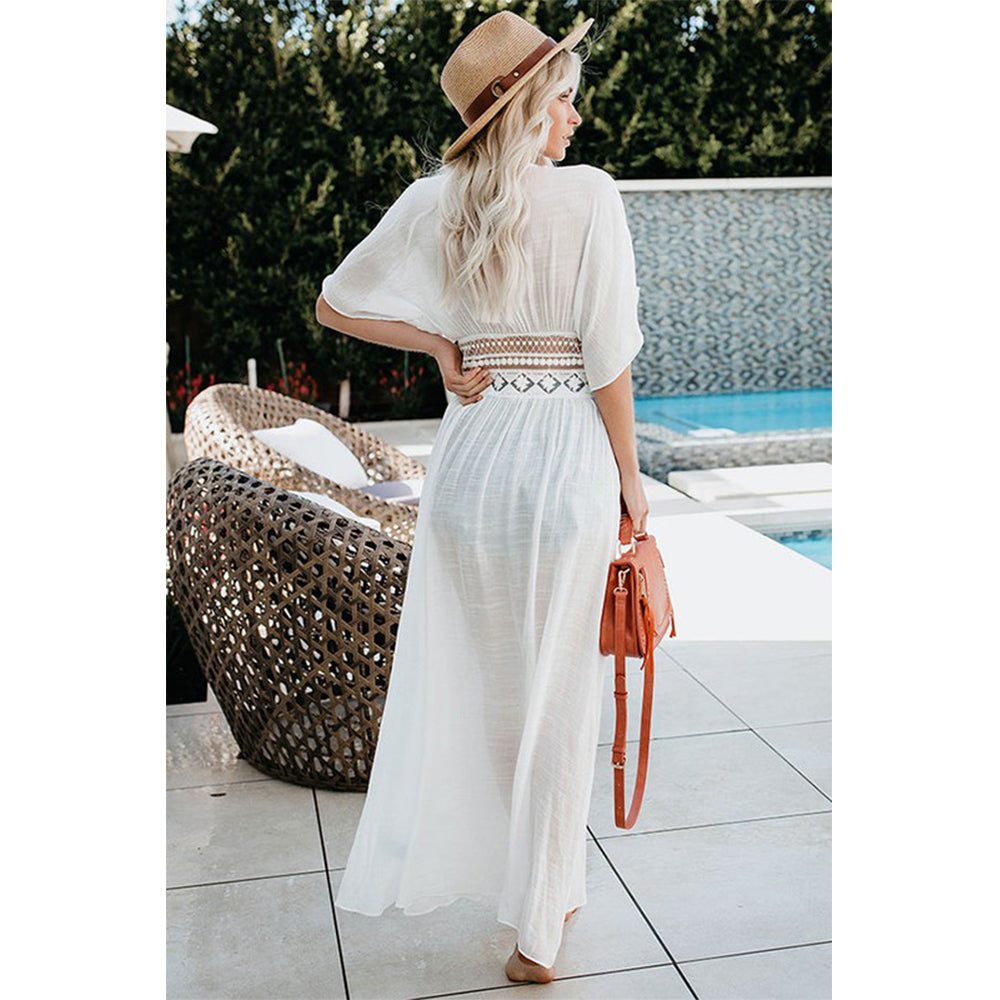 Charmo Women's Short Sleeve Maxi Cover Up Dress with Cutout Waist Drawstring & Side Slits