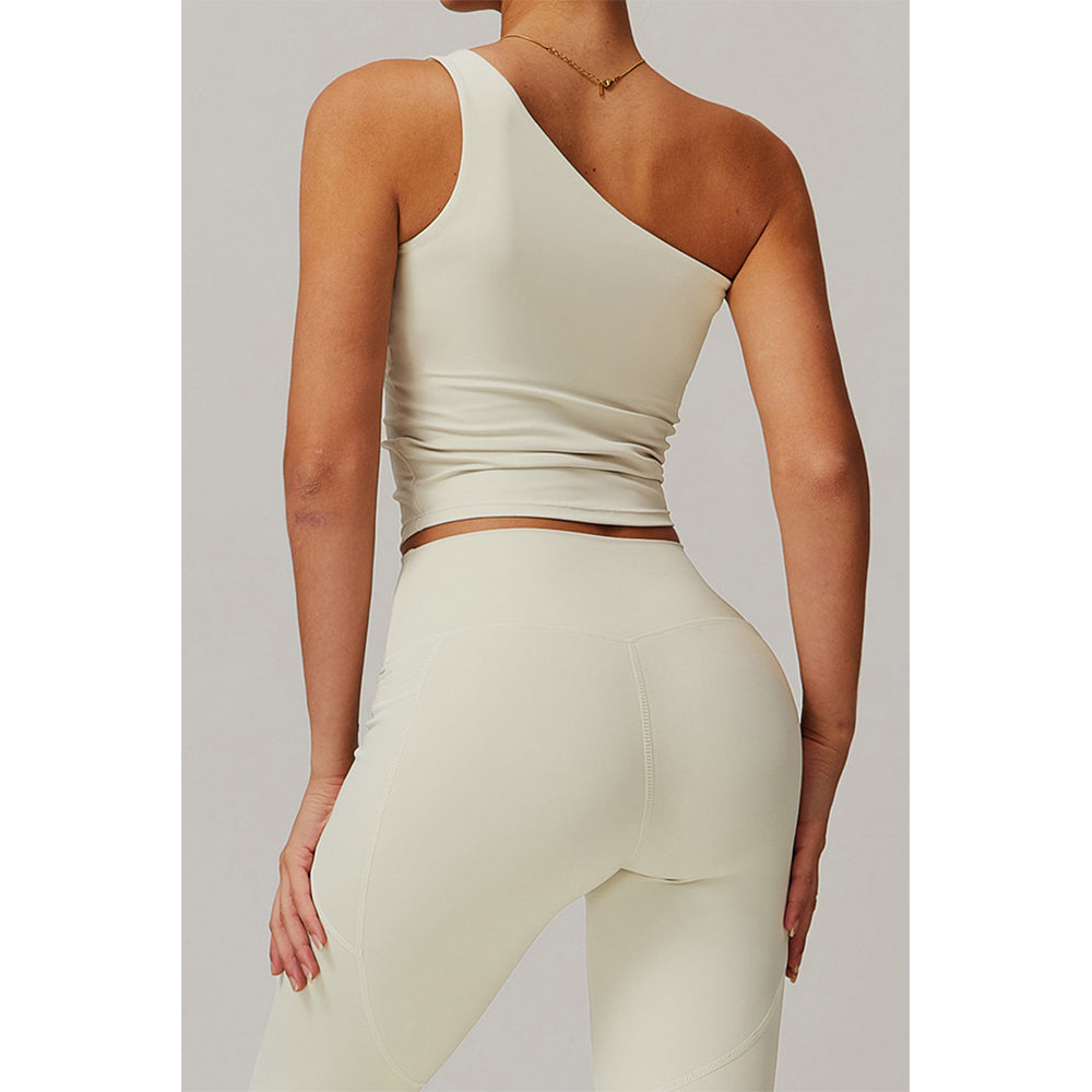 Attraco Women's One Shoulder Ruched Cropped Sports Tank Top with Removable Pads Yoga Tops
