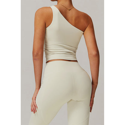 Attraco Women's One Shoulder Ruched Cropped Sports Tank Top with Removable Pads Yoga Tops