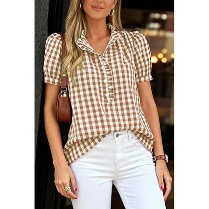 Attraco Womens Puff Short Sleeve Summer Tops Striped Plaid Ruffle V Neck Button Down Shirts Business Casual Work Blouses
