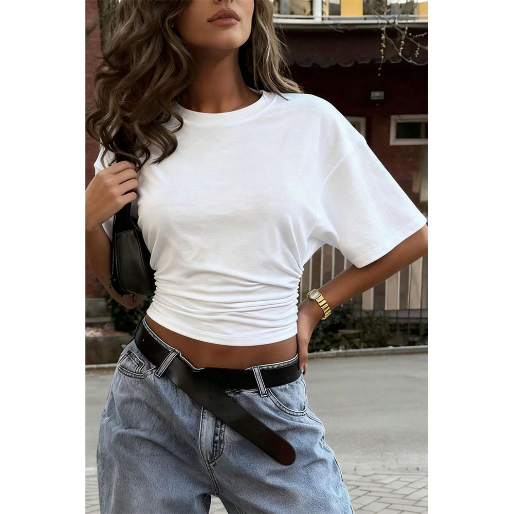 Attraco Women's Crew Neck Short Sleeve Side Ruched Cropped Casual T-Shirt Casual Summer Tops
