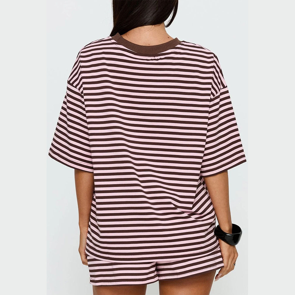 Attraco Women Striped Oversized Crew Neck Short Sleeve 2 Piece Pajama Loungewear Short Set