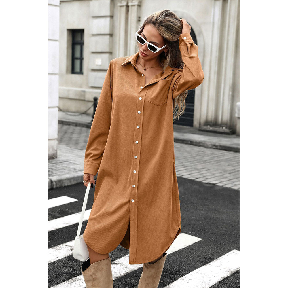 Attraco Women's Corduroy Shirt Dress, Solid Long Sleeve Button-Down Long Dress with Collar