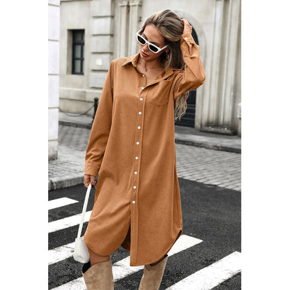 Attraco Women's Corduroy Shirt Dress, Solid Long Sleeve Button-Down Long Dress with Collar