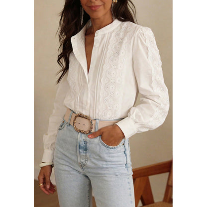 Attraco Women's Embroidered Long Sleeve Button Down Blouse Stand Collar Casual Shirt