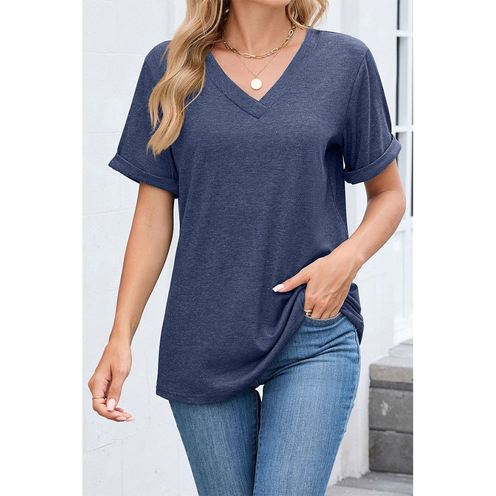Attraco Women's V Neck Rolled Cuff Short Sleeve Loose Fit Casual T-Shirt Summer Tops