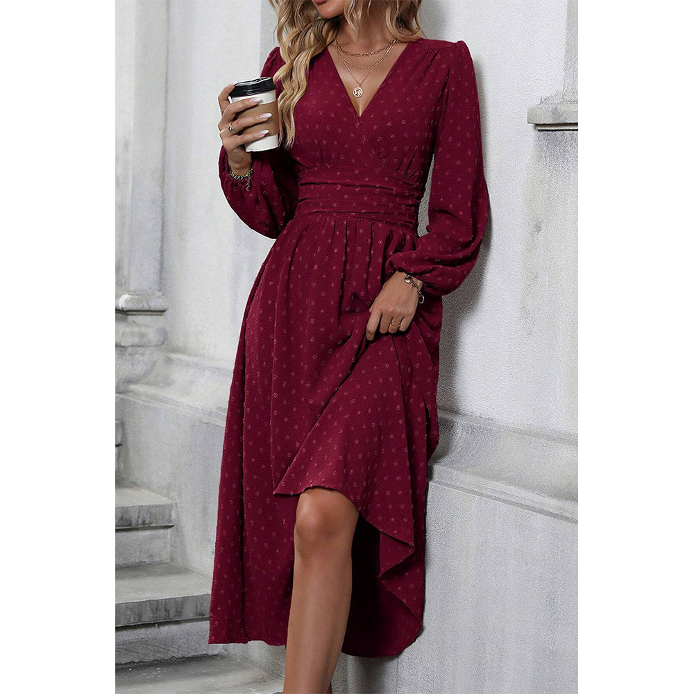 Attraco Women V Neck Bubble Dot Midi Dress Long Balloon Sleeve Ruched Waist Flowy Dress