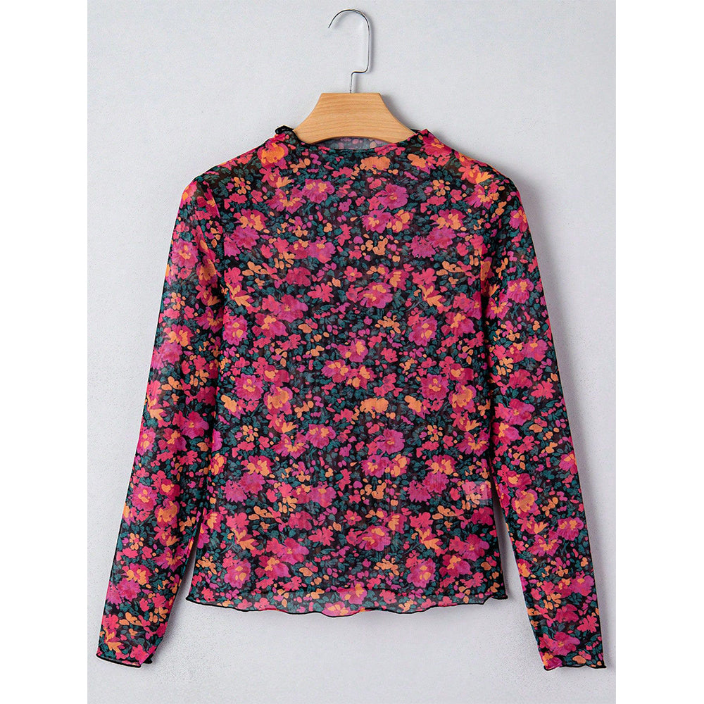 Attraco Women's Floral Mesh Long Sleeve Mock Neck Fitted Top with Stretch Fabric