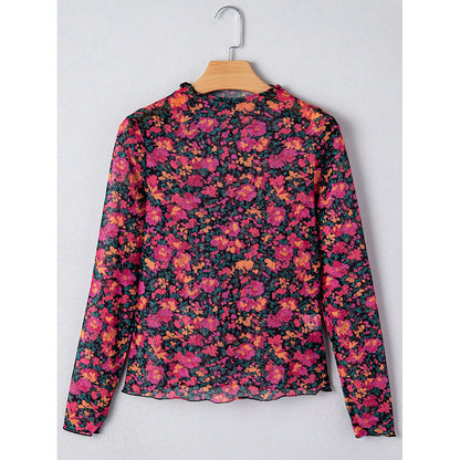 Attraco Women's Floral Mesh Long Sleeve Mock Neck Fitted Top with Stretch Fabric