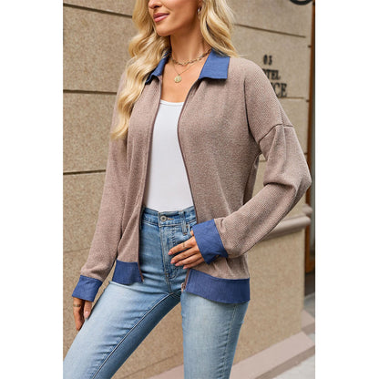 Attraco Women's Contrast Trim Zip-Up Sweatshirt Jacket, Long Sleeve Collared Relaxed Fit