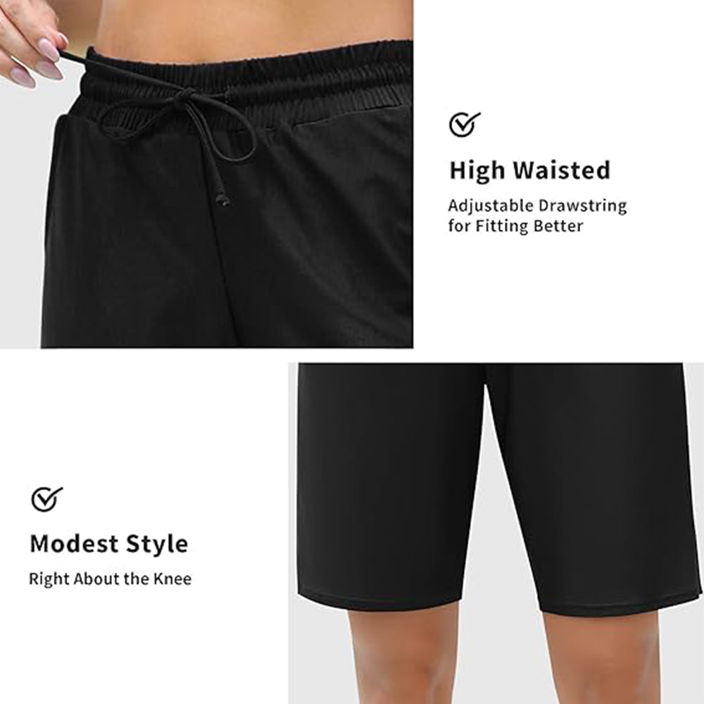 Charmo Women's Swim Shorts Boy Leg Boardshorts with Built-in Brief Solid Beach Swimsuit Bottoms