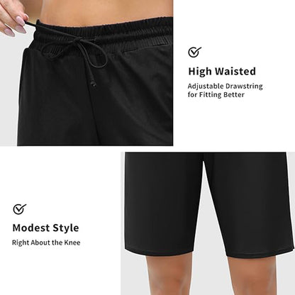 Charmo Women's Swim Shorts Boy Leg Boardshorts with Built-in Brief Solid Beach Swimsuit Bottoms