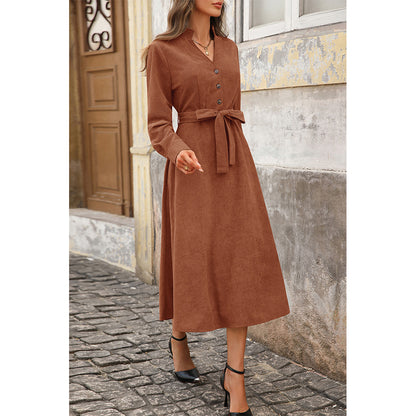 Attraco Women Notch V Neck Corduroy Midi Dress Long Sleeve Button Front Self Tie Waist A Line Dress