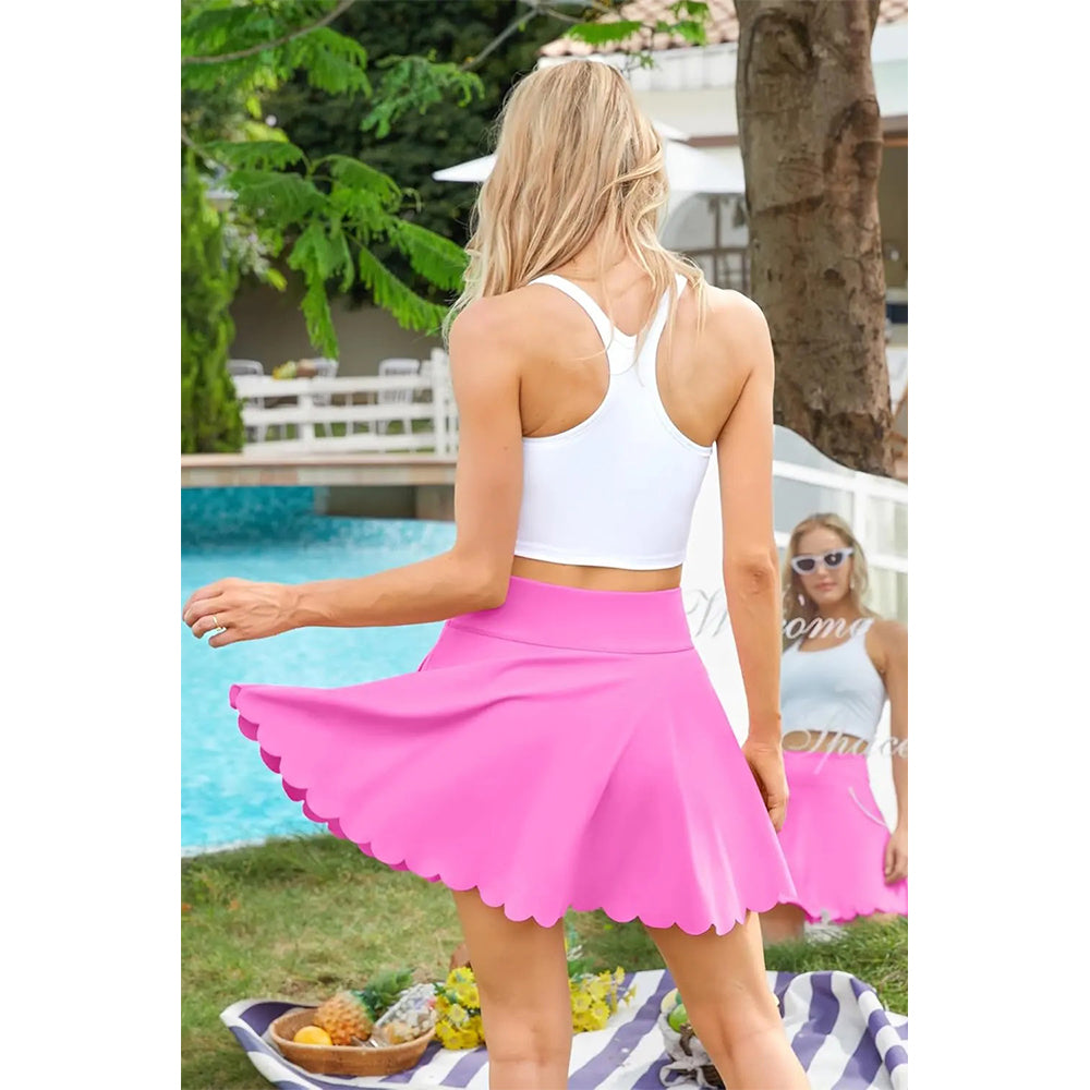 Attraco Women High Waist Scalloped Hem Tennis Skirt with Built In Shorts and Four Side Pockets