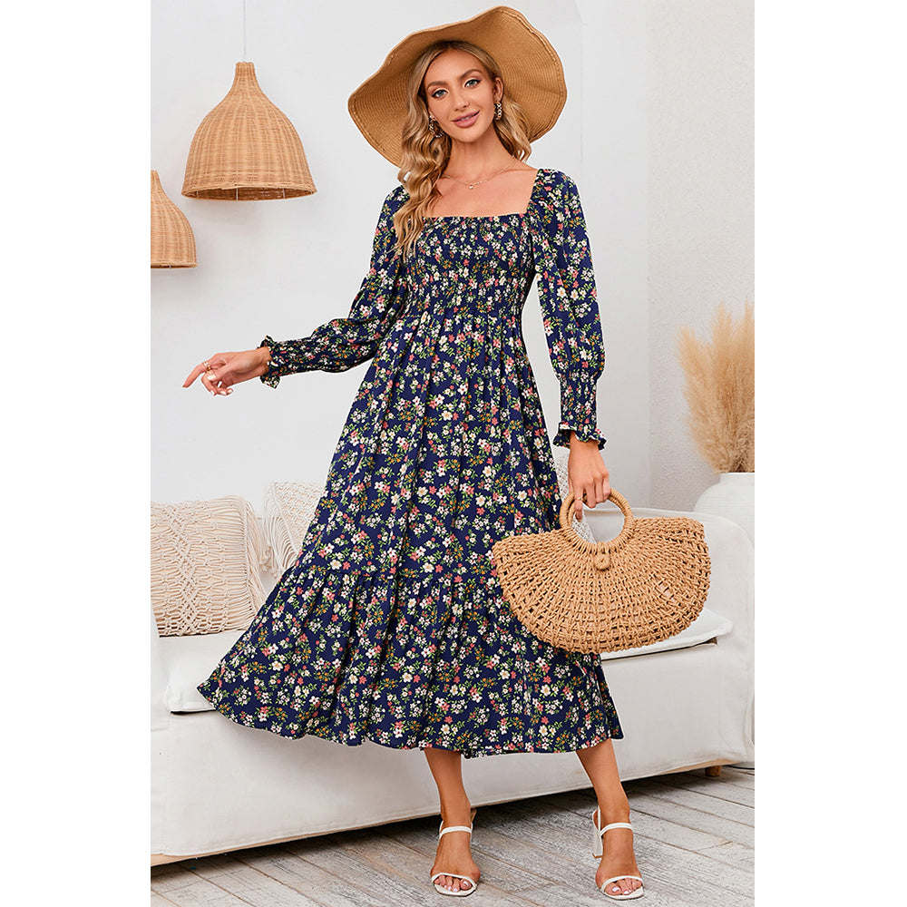 Attraco Women Square Neck Smocked Long Sleeve Tiered Midi Floral Print Dress