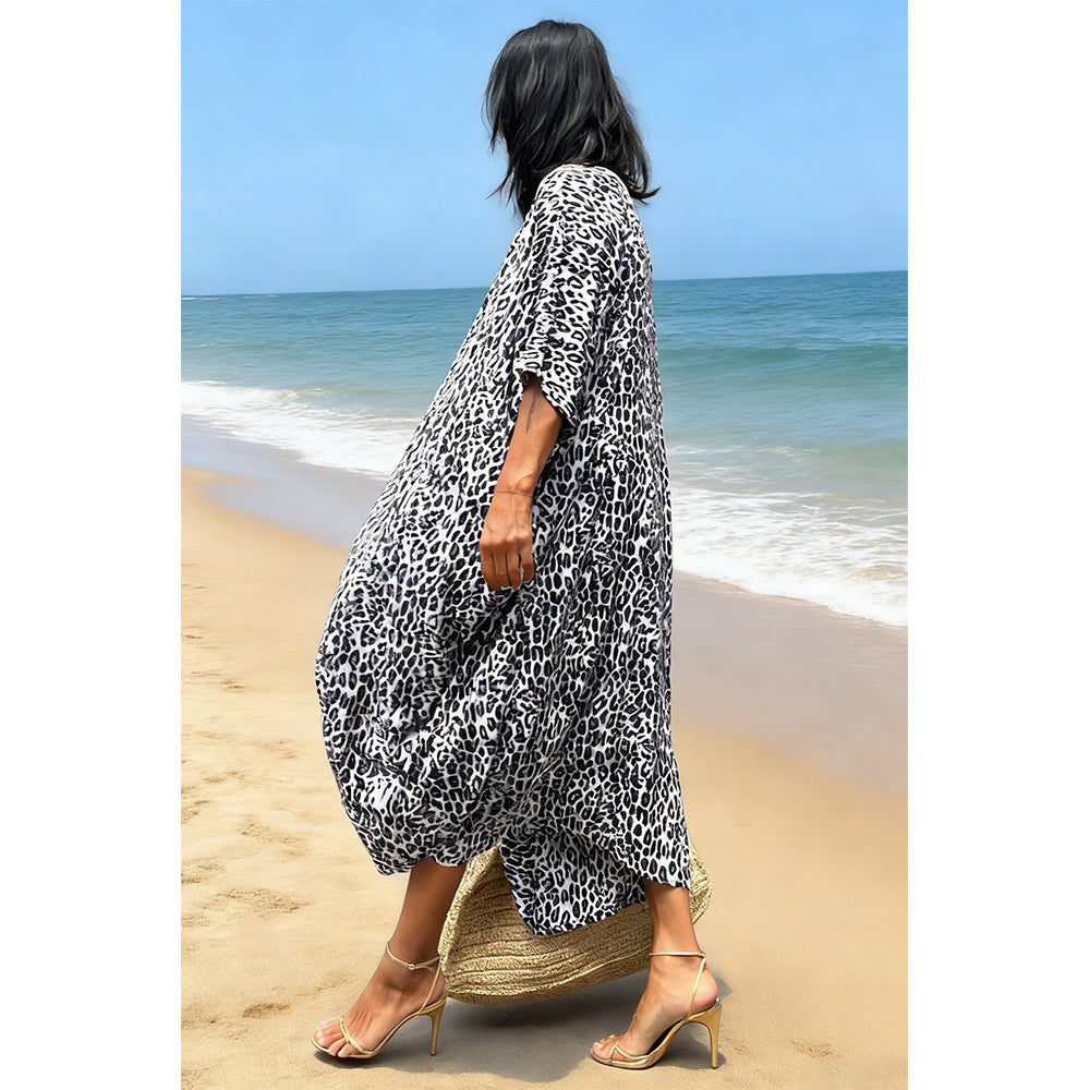 Charmo Women's Leopard Print Kimono Style Open Front Tie Waist Cover Up Swimming Maxi Dress