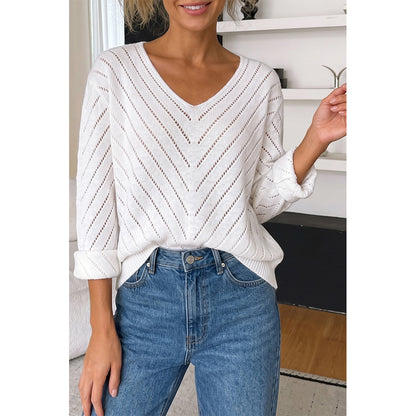 Attraco Women's Open Knit V Neck Sweater Long Sleeve Lightweight Hollow Out Pullover Top