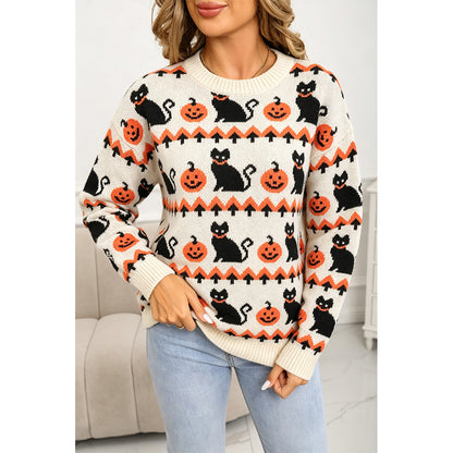 Attraco Women's Halloween Pumpkin & Black Cat Jacquard Sweater Cozy Crewneck Long Sleeve Knit Pullover Fall Winter Casual Holiday Top