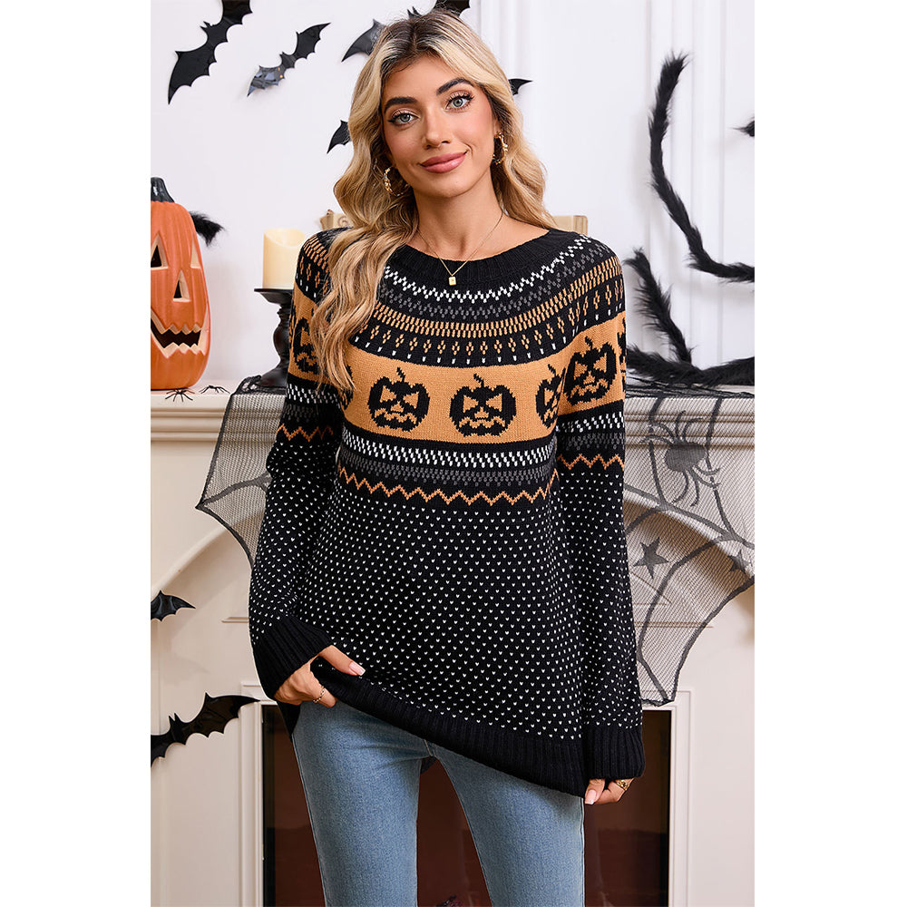 Attraco Women's Halloween Pumpkin Sweater Long Sleeve Crewneck Fair Isle Knit Pullover Fall Cozy Holiday Jumper