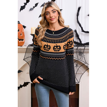 Attraco Women's Halloween Pumpkin Sweater Long Sleeve Crewneck Fair Isle Knit Pullover Fall Cozy Holiday Jumper