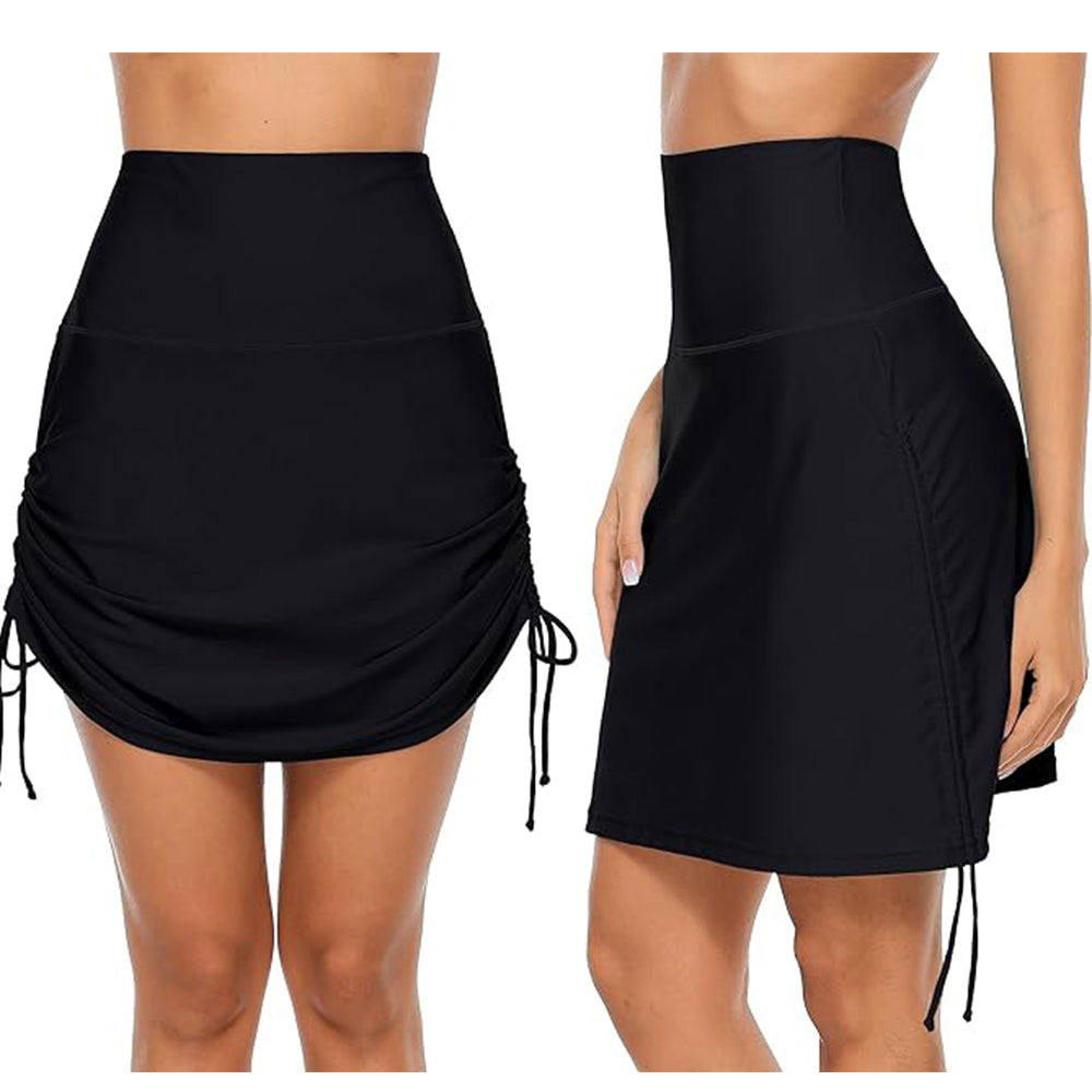 Charmo Women's High Waisted Swim Skirt with Adjustable Side Ruched Drawstring and Built-in Brief