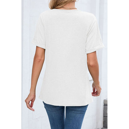 Attraco Women's V-Neck Rolled Cuff Short Sleeve Loose Fit Casual T-Shirt Summer Tops