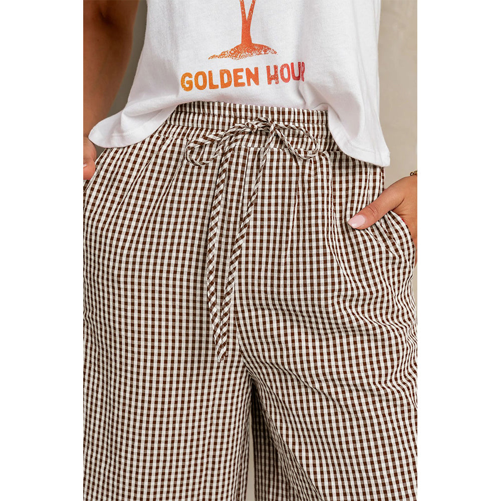 Attraco Women's Gingham Wide Leg Pants with Drawstring Waist & Pockets