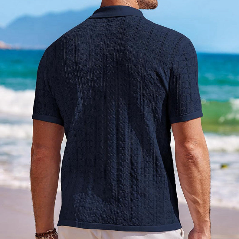 Attraco Men's Short Sleeve Textured Knit Camp Collar Button Front Shirt Summer Tops
