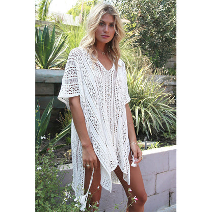 Charmo Women's Crochet Hollow Out V-Neck Side Slit Cover Ups With Asymmetrical Hem