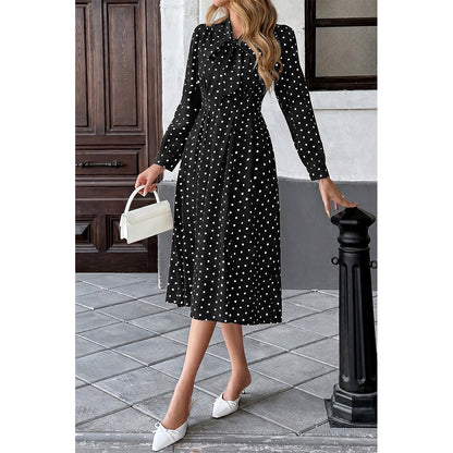Attraco Women Bow Tie Neck Long Sleeve Polka Dot Midi Dress