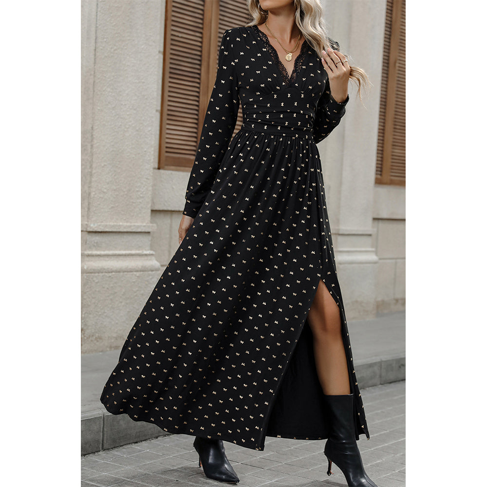 Attraco Women Lace Trim V Neck Allover Bow Print Long Sleeve Side Slit Maxi Dress