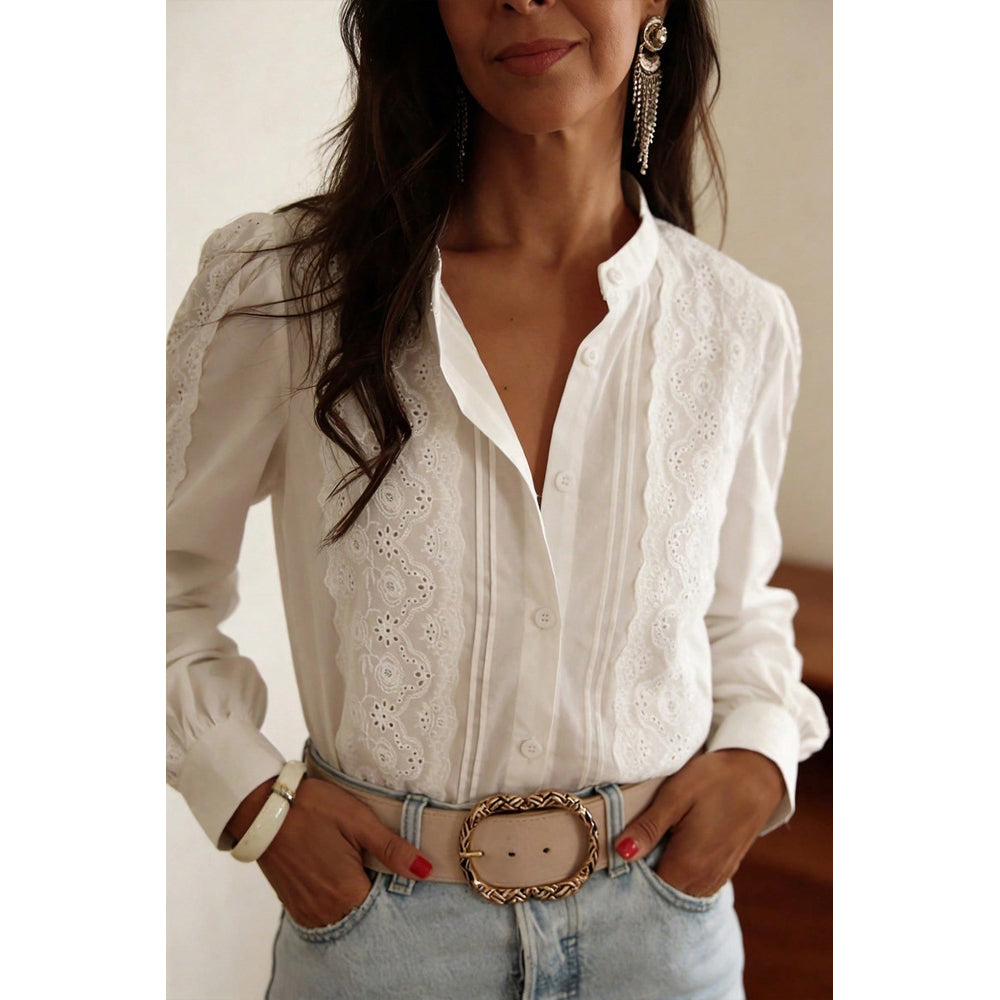 Attraco Women's Embroidered Long Sleeve Button Down Blouse Stand Collar Casual Shirt