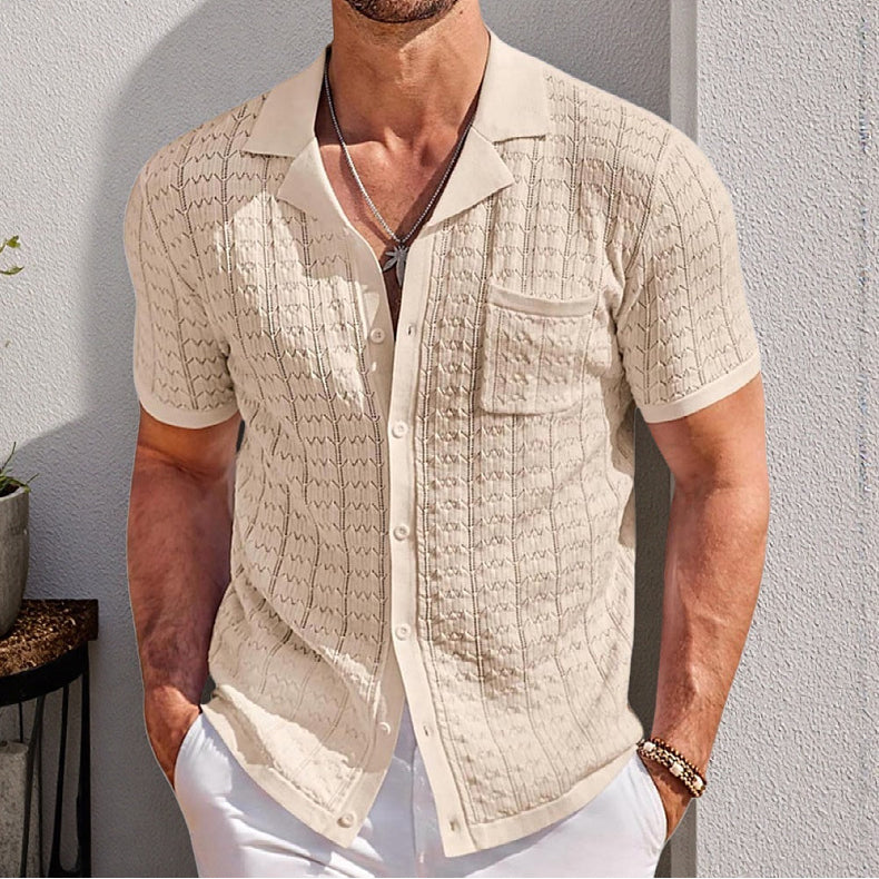 Attraco Men's Short Sleeve Textured Knit Camp Collar Button Front Shirt Summer Tops