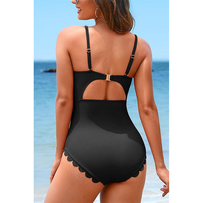 Charmo Women's Scalloped Edge Button Front Cutout Back One Piece Swimsuit Bathing Suit For Summer