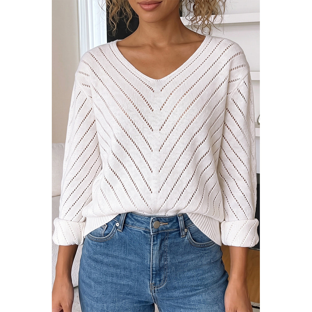 Attraco Women's Open Knit V Neck Sweater Long Sleeve Lightweight Hollow Out Pullover Top