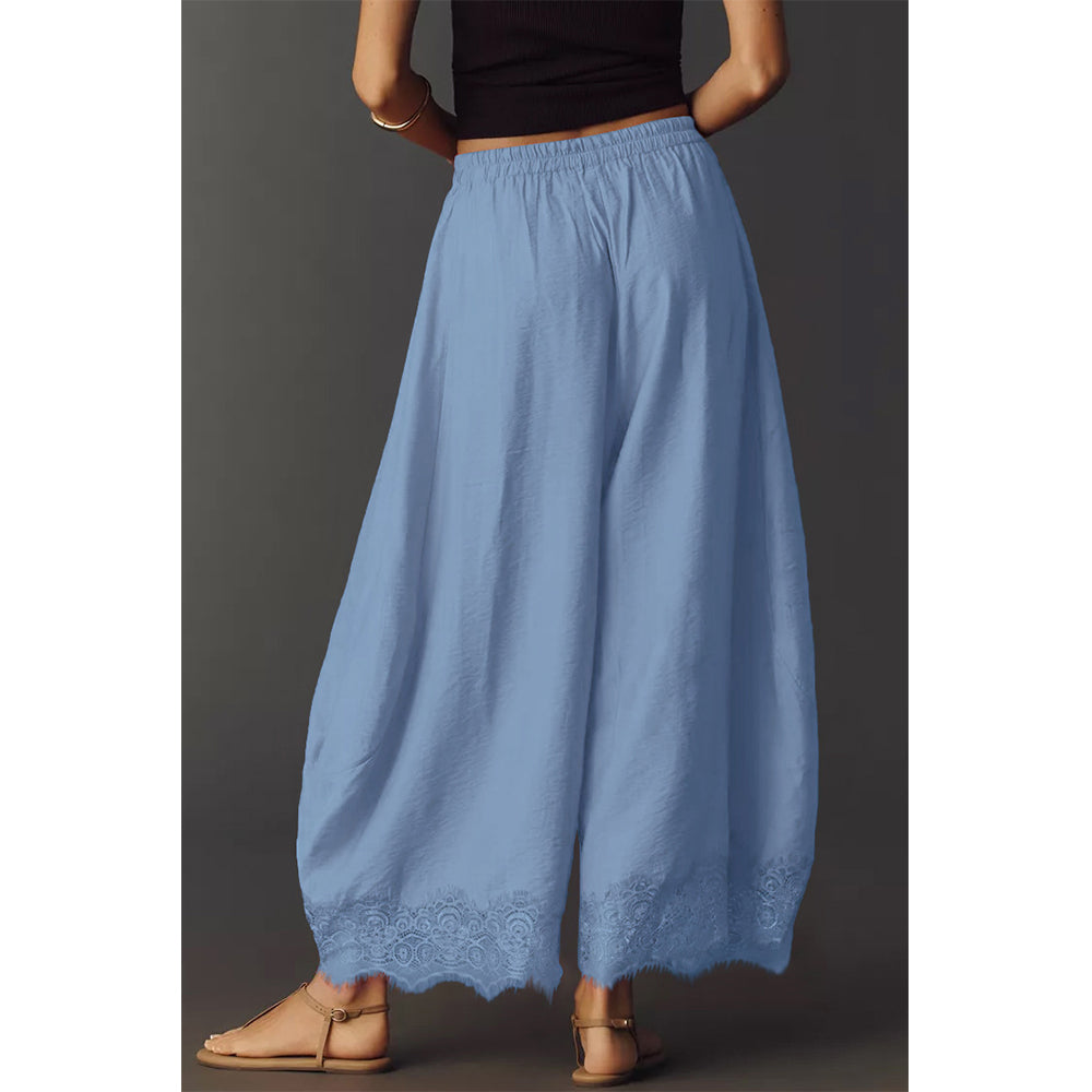 Attraco Women Elastic Drawstring High Waist Wide Leg Cropped Pants with Side Pockets and Lace Hem