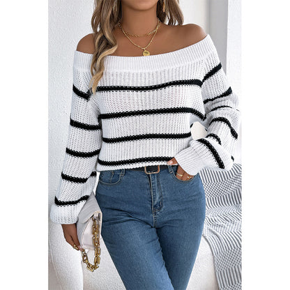 V For City Women's 2025 Autumn Winter Casual Striped Off-Shoulder Lantern Sleeve Pullover Sweater