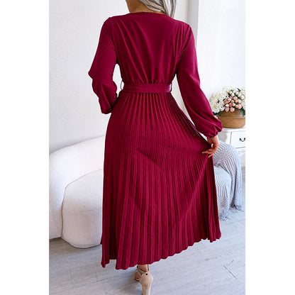 Attraco Women Wrap V Neck Belted Long Balloon Sleeve Pleated Midi Dress